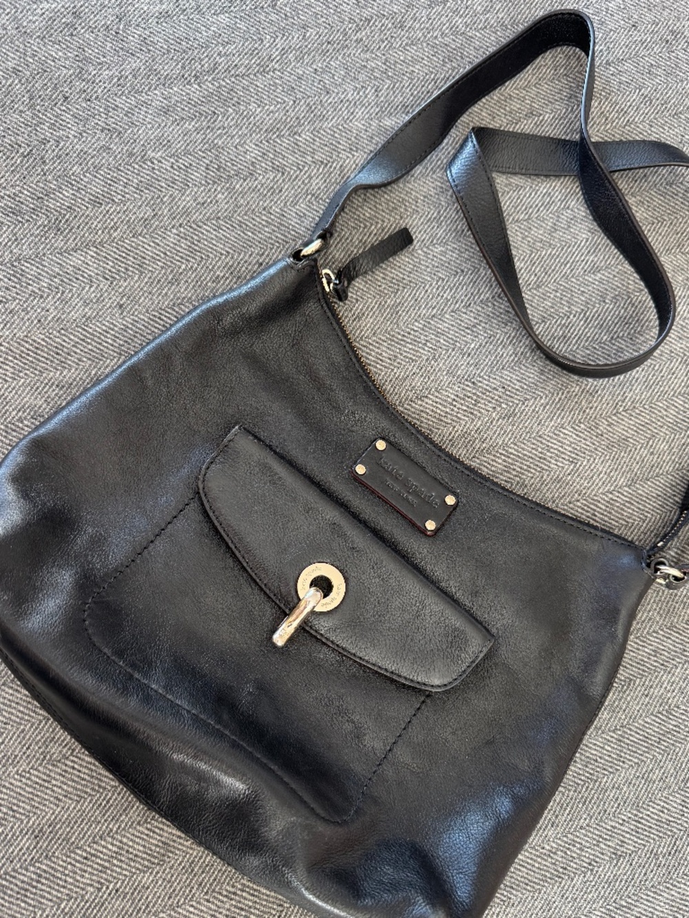 KATE SPADE, BUTTERY LEATHER BLACK SHOULDER BAG WITH DARLING POLKA DOT INTERIOR